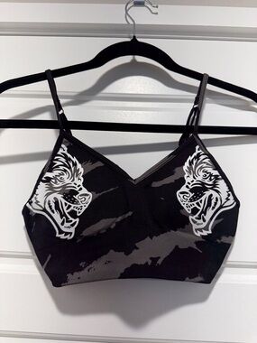 Darc Sport Black & White Wolf Print Strappy Sports Bra